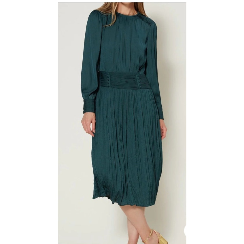 Anthropologie Green Ruched Waist Long Sleeves Midi Dress size Medium