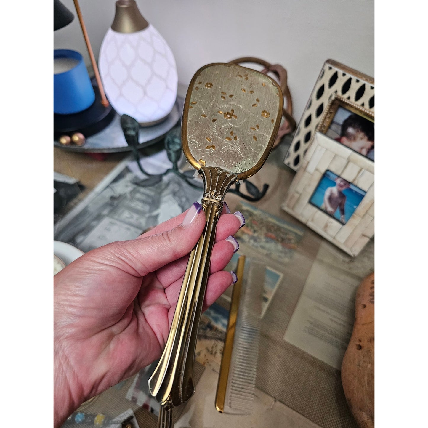 Vintage 60's Matching Mirror, Brush & Comb Vanity Set Gold & Silver