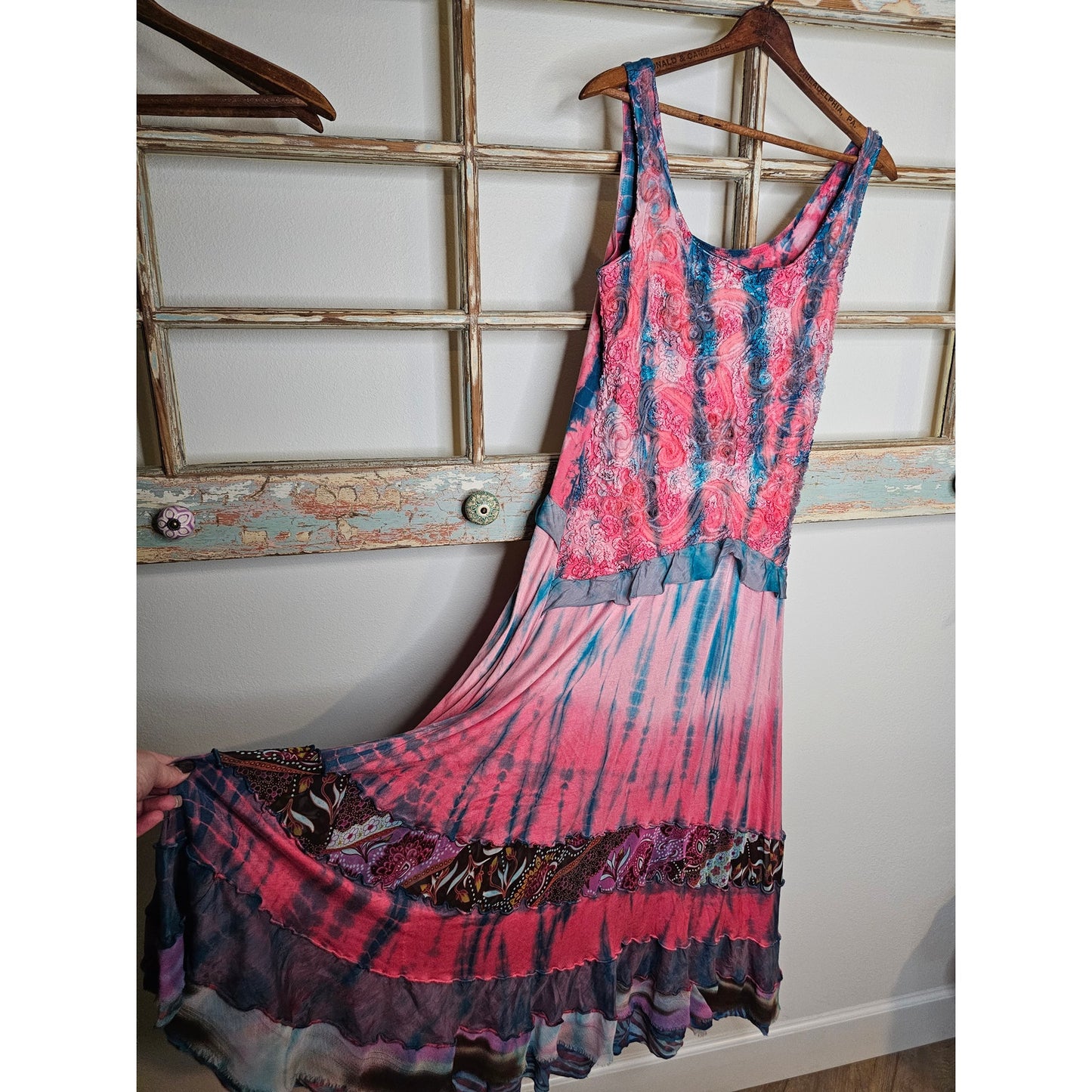 Boho Tie Dye Sleeveless Midi Dress With Layers of Detail Ladies size Medium