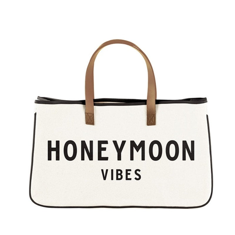 "Honeymoon Vibes" Canvas White Tote with Leather Handles and Blue