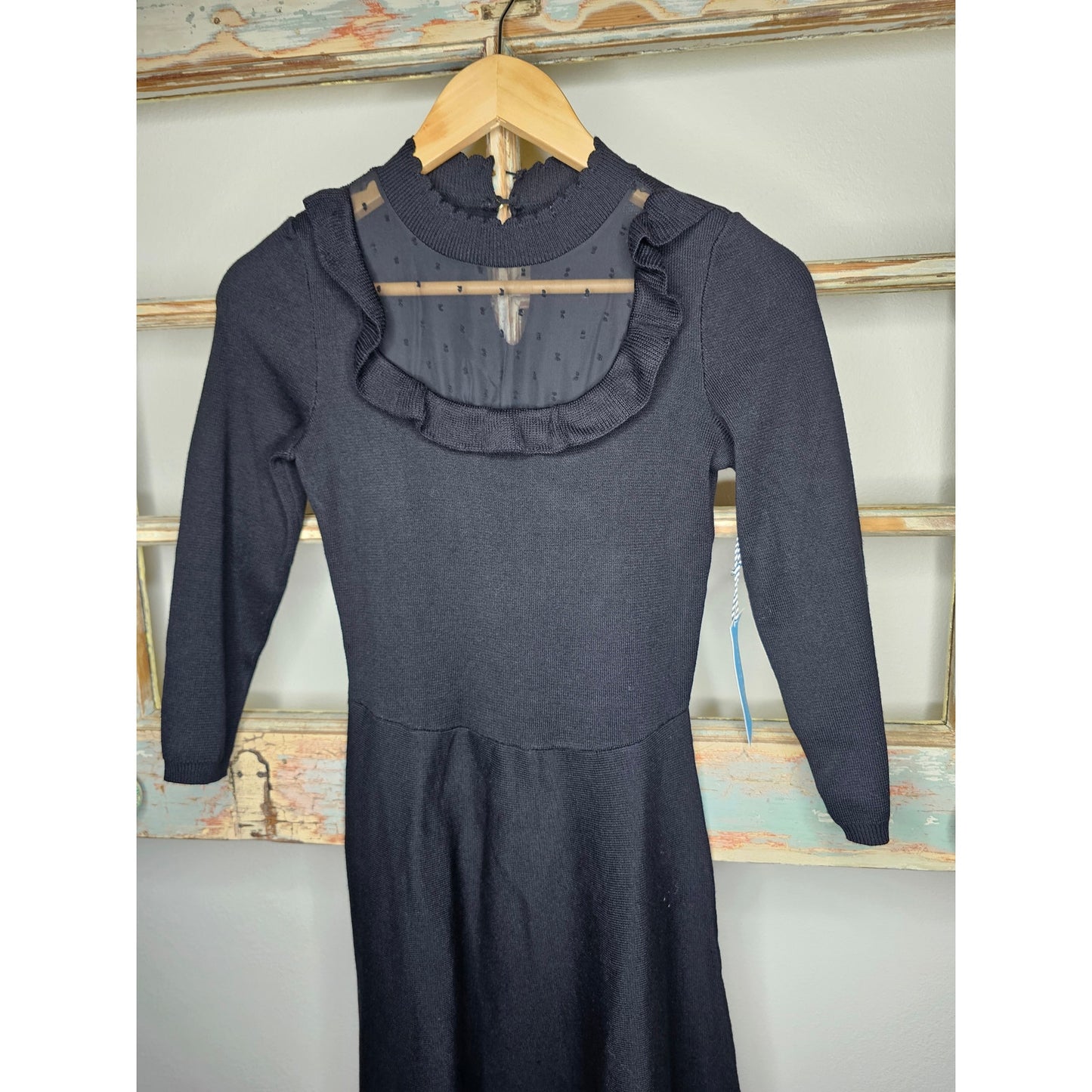 NWT Draper James Black Dress w/ Ruffle Bib neckline & polka dot lace size XS
