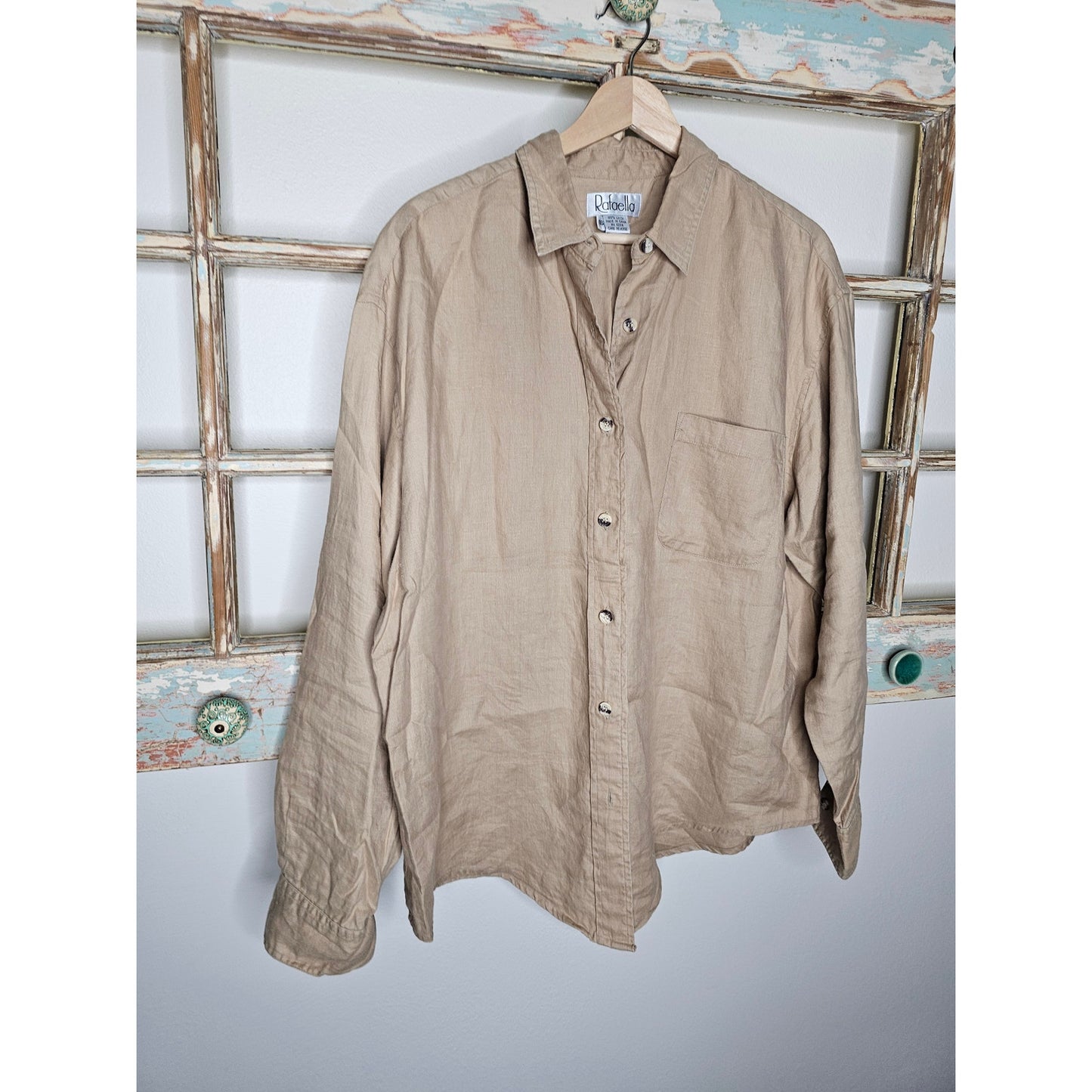 Linen Khaki Button Up Shirt By Rafaelle Ladies Size 16