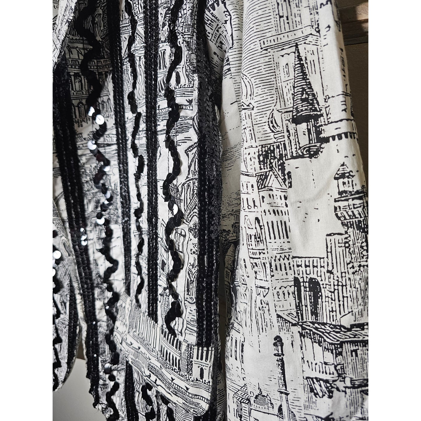 Vintage European Black/White Scenic Blazer with Sequin ric/rac front Size Large
