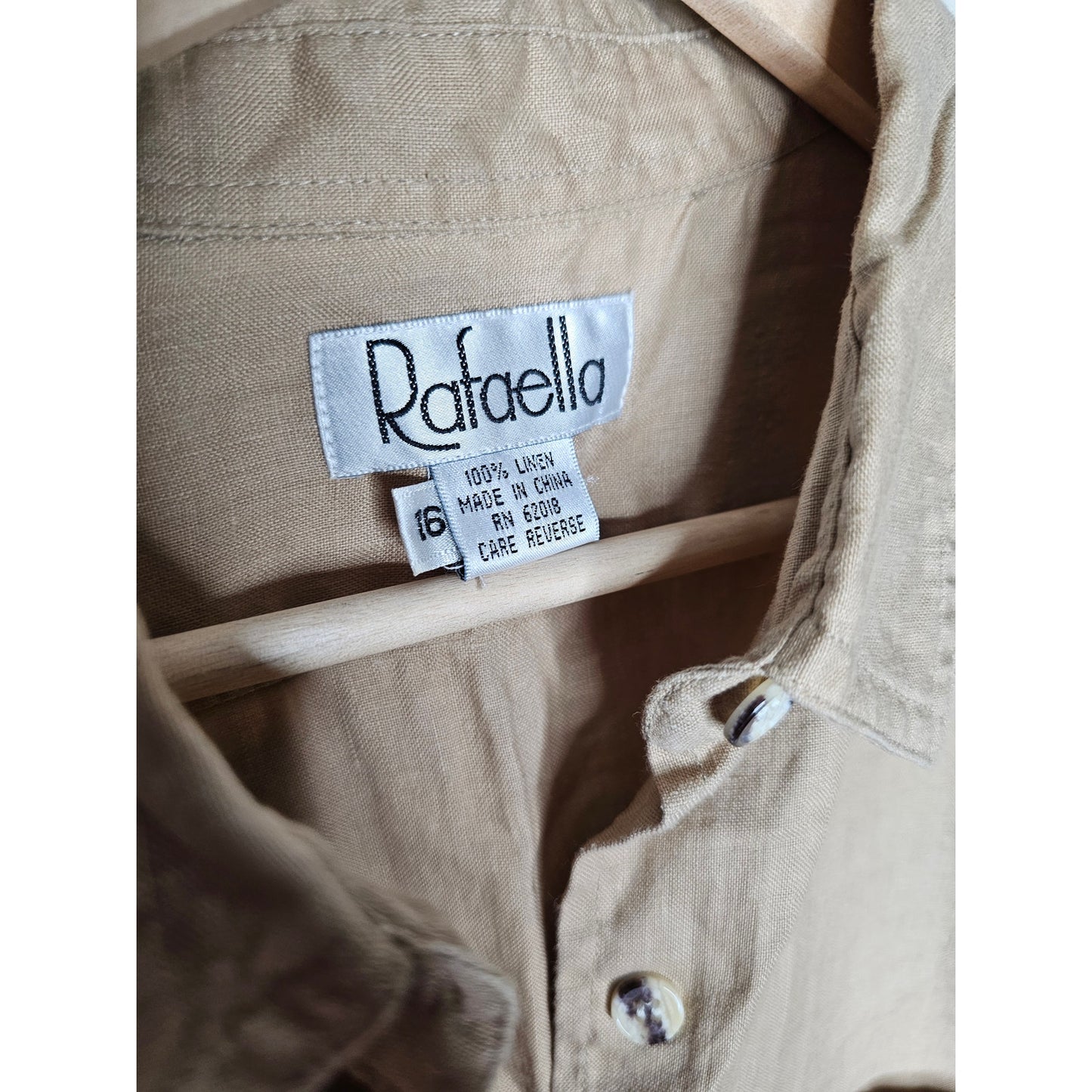 Linen Khaki Button Up Shirt By Rafaelle Ladies Size 16