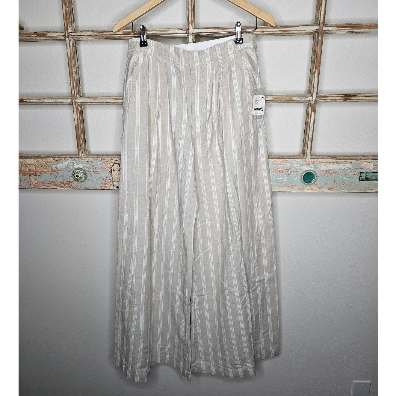 NWT Free People Wide Pleated Striped Linen Blend Pants Ladies size 4