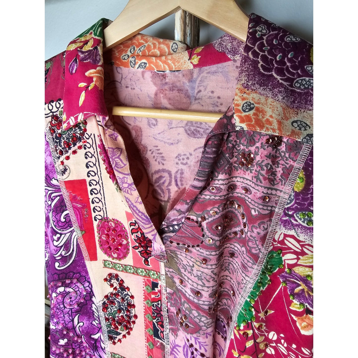 PatchWork Pattern shirt with sequence V- neck ladies size small