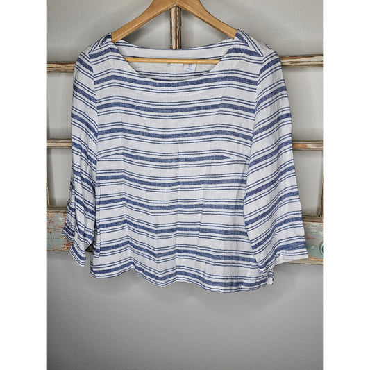 Linen Striped Sigrid Olsen 3/4 Sleeves Boatneck Top Size Medium