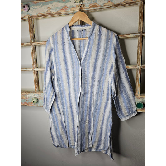 Linen Amelline V-neck Striped Button Up with Eyelash Detail Ladies Size Large