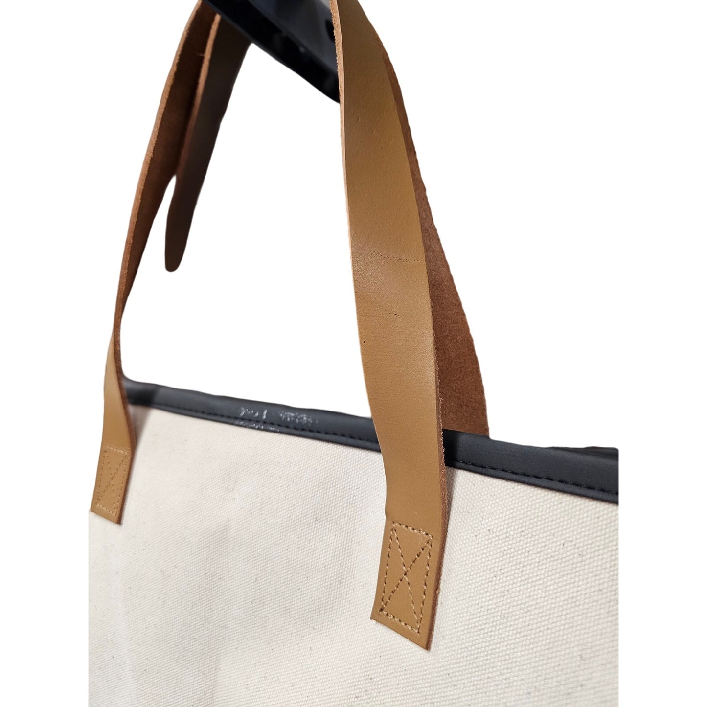 "Honeymoon Vibes" Canvas White Tote with Leather Handles and Blue