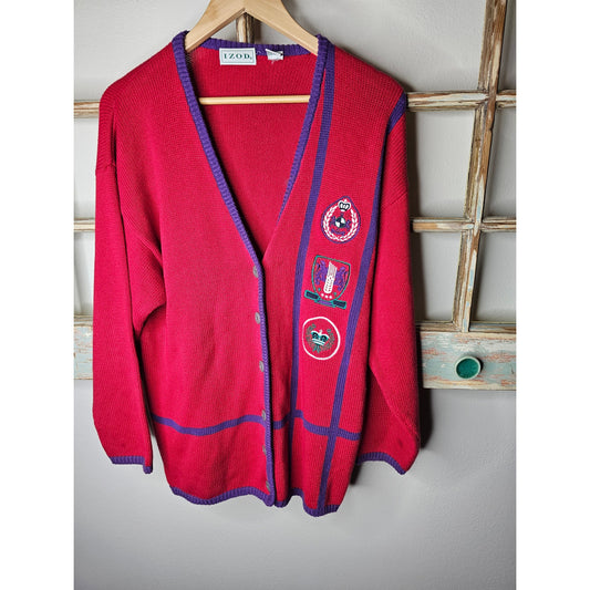 Vintage Red & Purple Cardigan Sweater w/ Patches Ladies size Medium