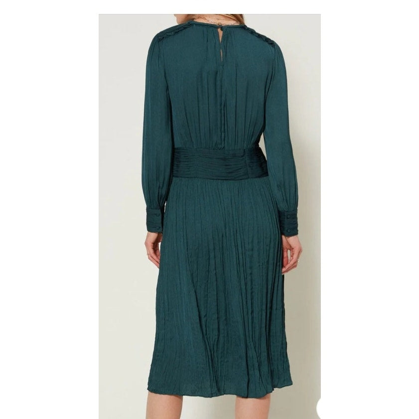 Anthropologie Green Ruched Waist Long Sleeves Midi Dress size Medium