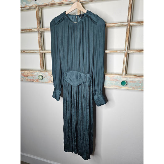 Anthropologie Green Ruched Waist Long Sleeves Midi Dress size Medium