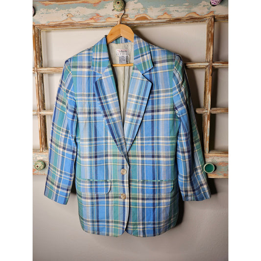 Vintage Talbots Plaid Lined Linen Blend Blazer Ladies Size Medium Petite