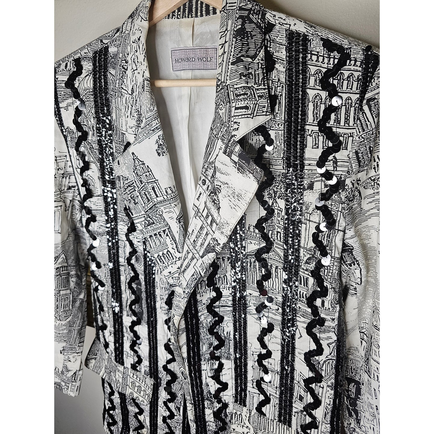 Vintage European Black/White Scenic Blazer with Sequin ric/rac front Size Large
