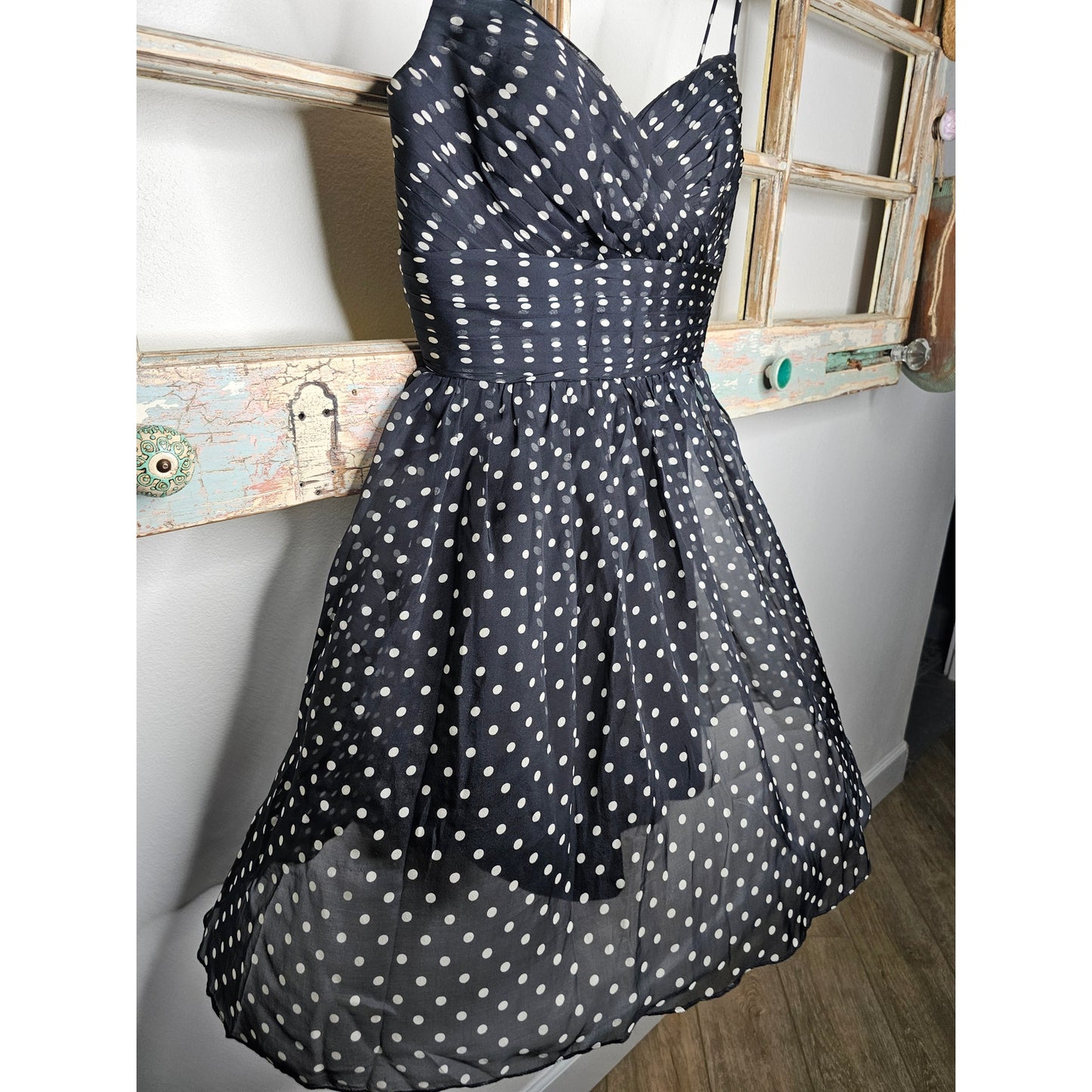 Black & White 100% Silk Polka Dot Mini Dress Spaghetti Straps Ladies size 8