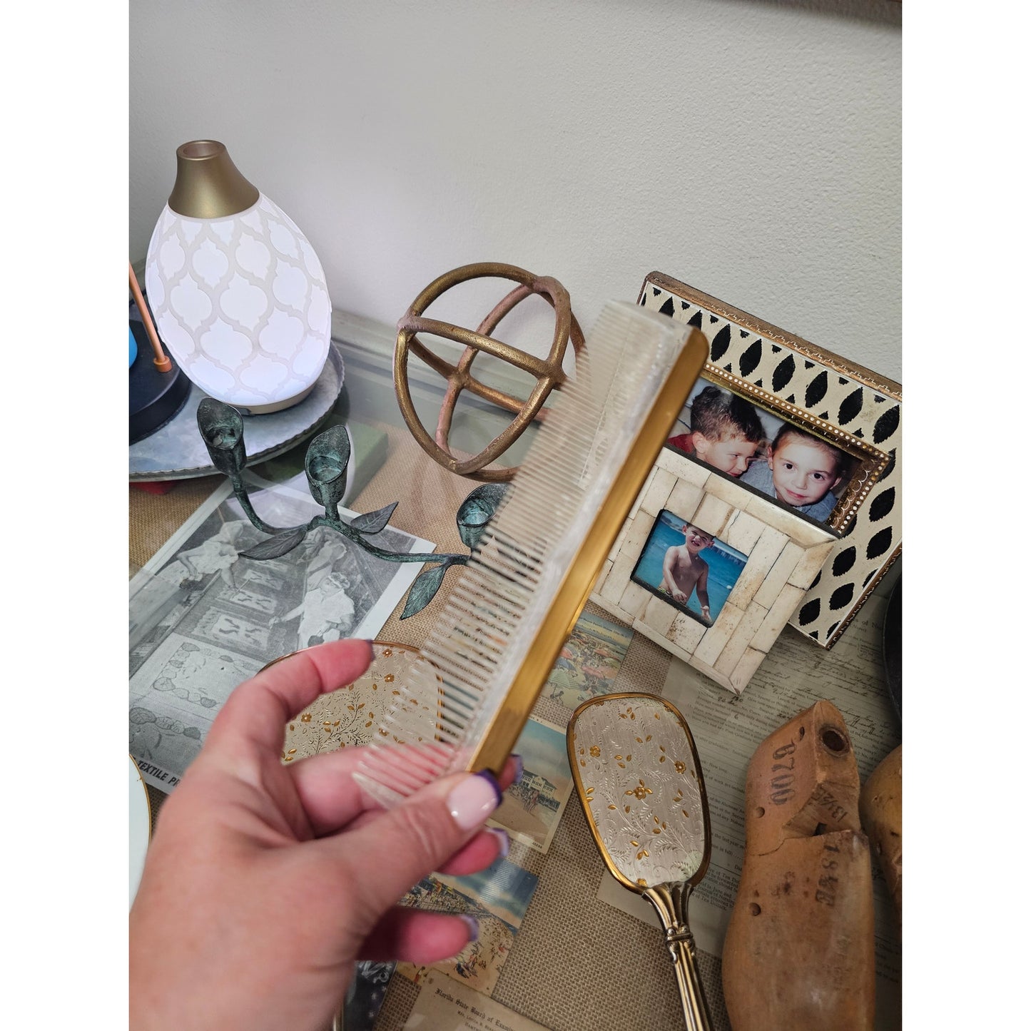 Vintage 60's Matching Mirror, Brush & Comb Vanity Set Gold & Silver