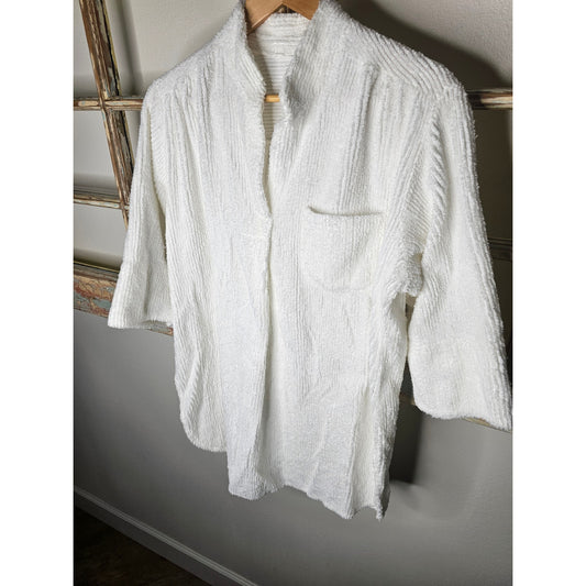 Vintage White Terrycloth Pullover Deep V Neck 1/2 Sleeves Size