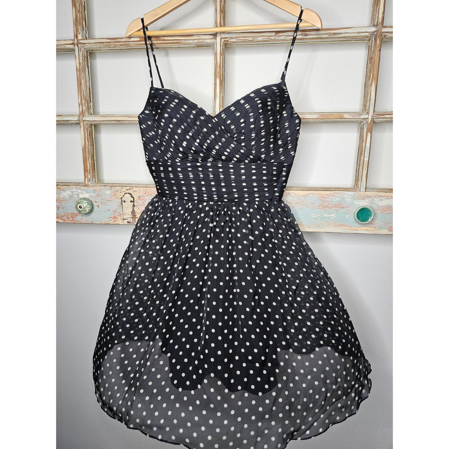 Black & White 100% Silk Polka Dot Mini Dress Spaghetti Straps Ladies size 8