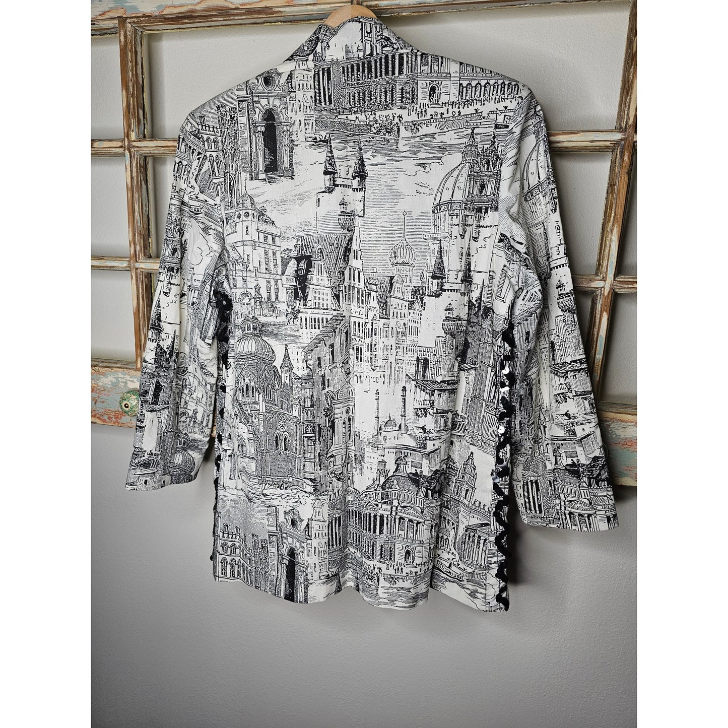 Vintage European Black/White Scenic Blazer with Sequin ric/rac front Size Large