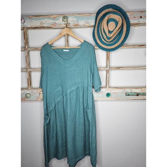Linen Italian Made Blue/Green Dress Ladies Size Medium