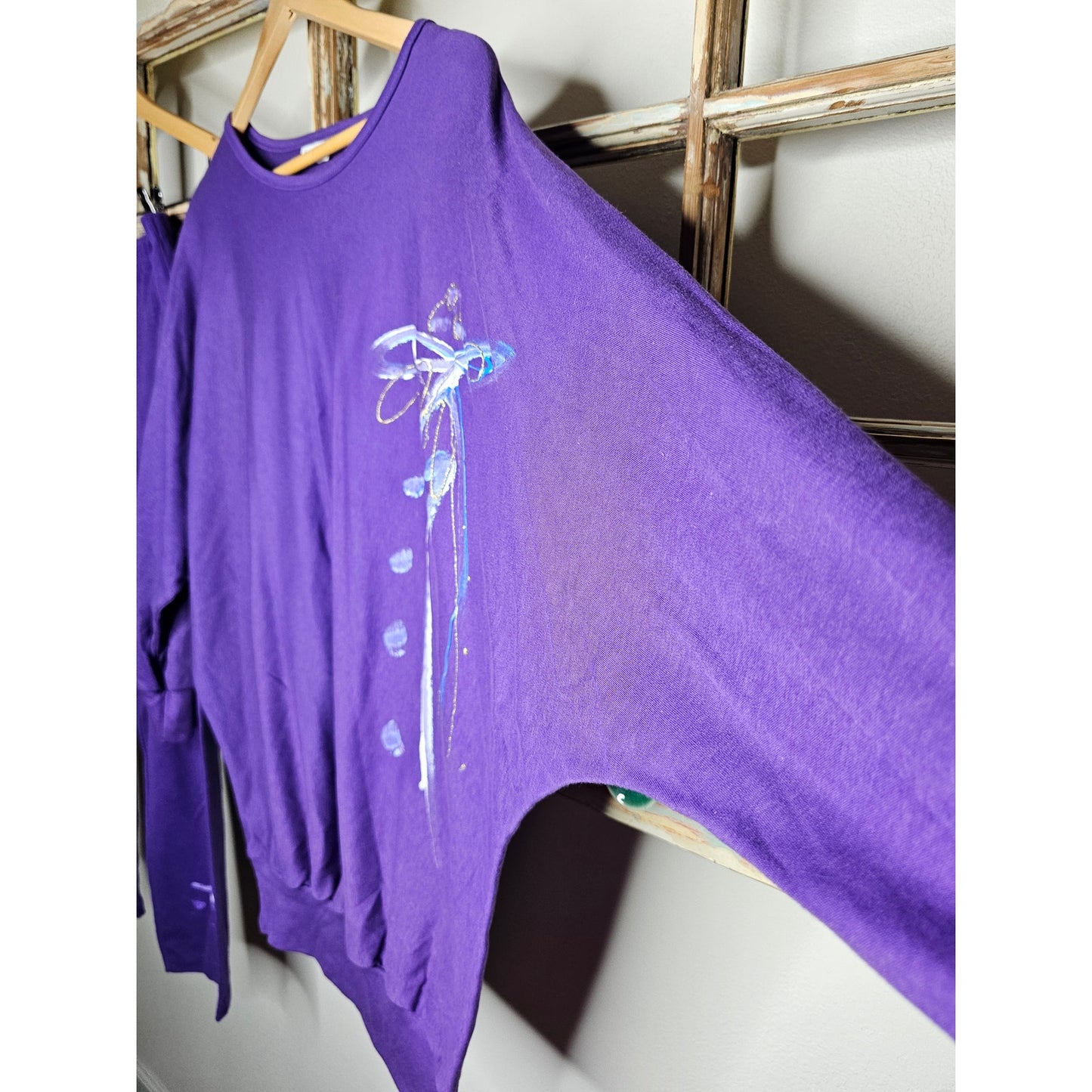 Vintage 80's Oversize Slouchy Shirt Batwing Purple Glitter Graphic Sz. small