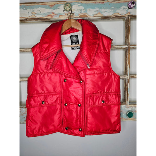 Vintage Sea & Ski Red Doublebreasted Puffer Gold Hardware Size Large