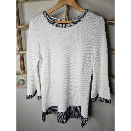 White Sweater Navy accents with bell sleeves by Melissa Paige Size Large