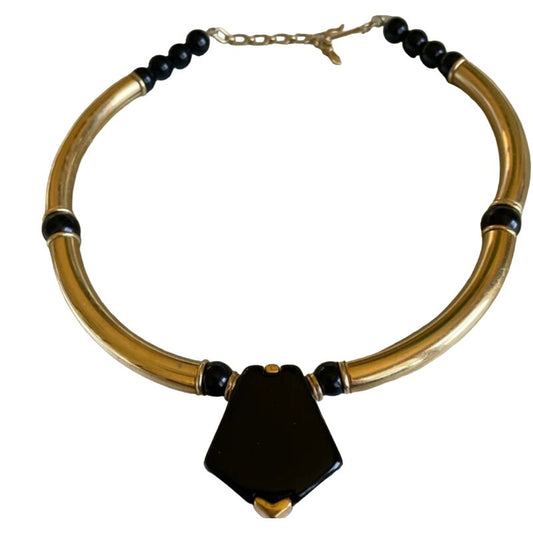 80's Art Deco Style Gold Tubular Necklace with Black Cabochon Choker gift