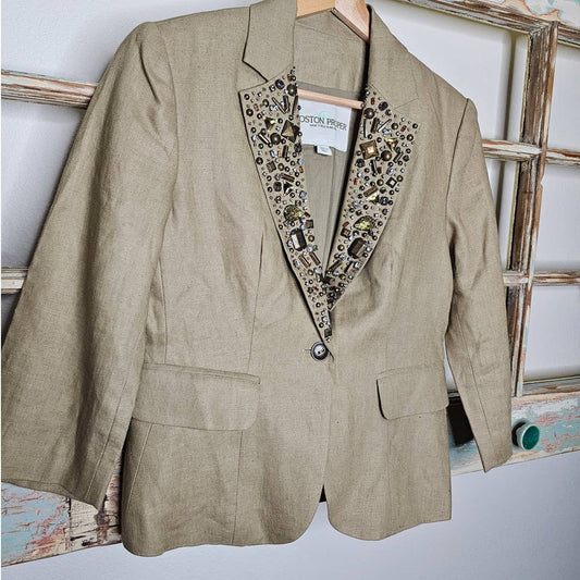 Linen Blazer Boston Proper Khaki with Jewel Embellishments size 2