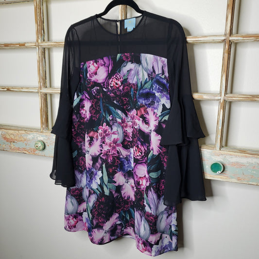 CECE by Cynthia Steffe Black Multi Bell Sleeve Floral Dress Ladies size 2 NWT