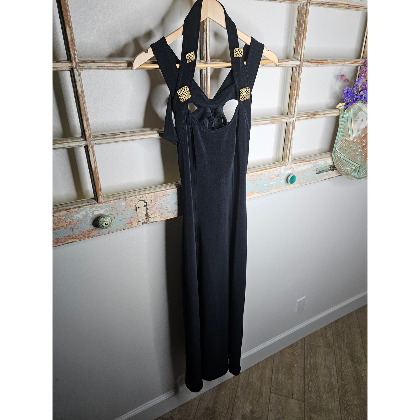 Vintage Strappy 80's Black Midi Slip Dress With Gold Accents Size 6