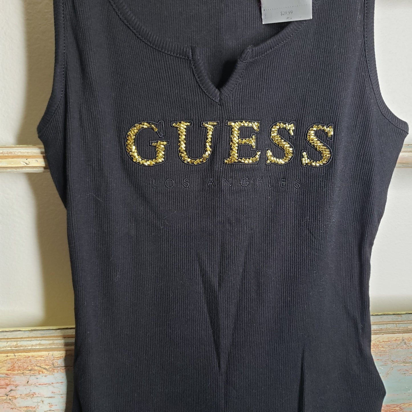 NWT GUESS in gold Logo Black Tank ladies size small