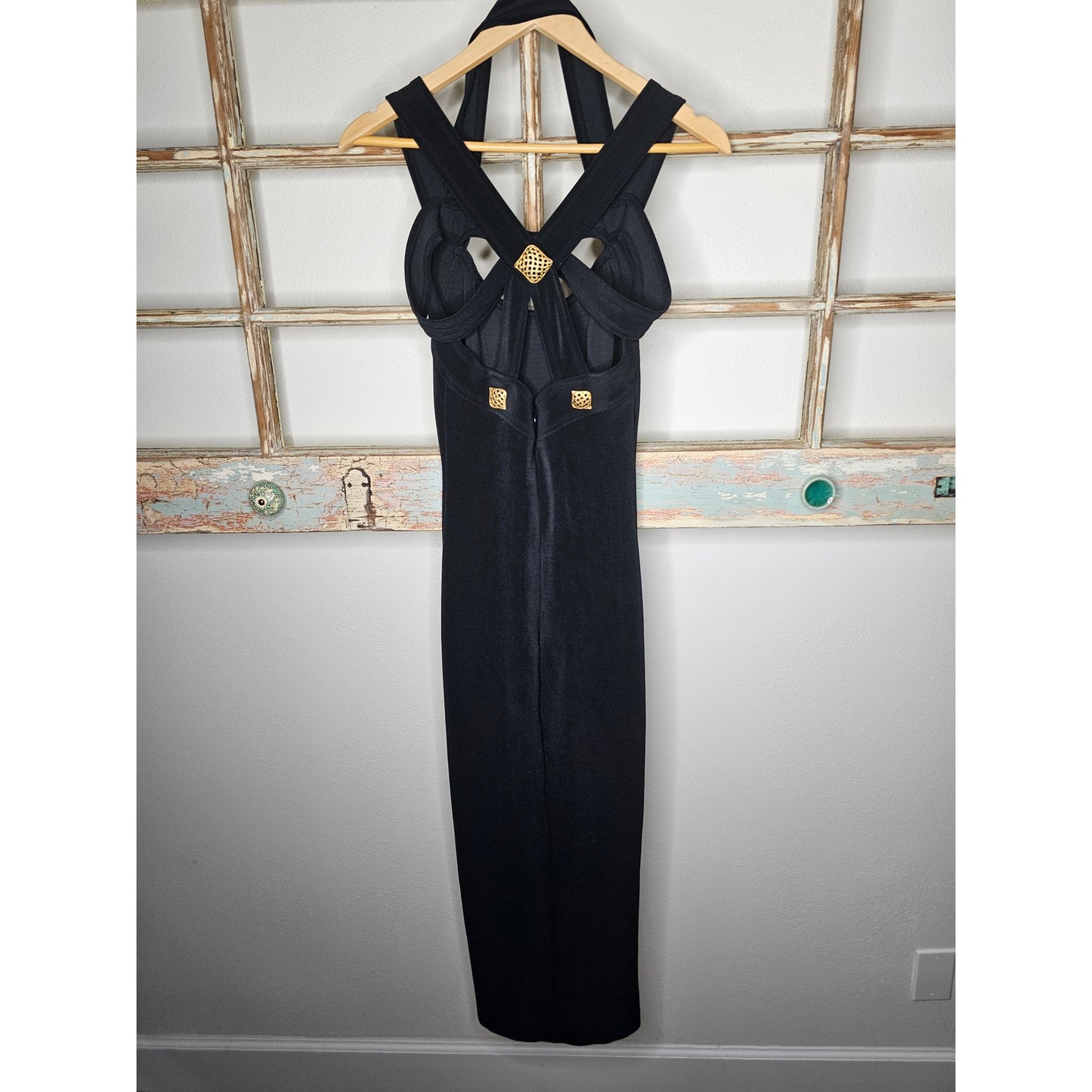 Vintage Strappy 80's Black Midi Slip Dress With Gold Accents Size 6