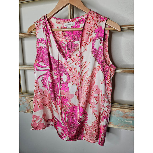 Coldwater Creek pink & coral foliage print Sleeveless Blouse size M