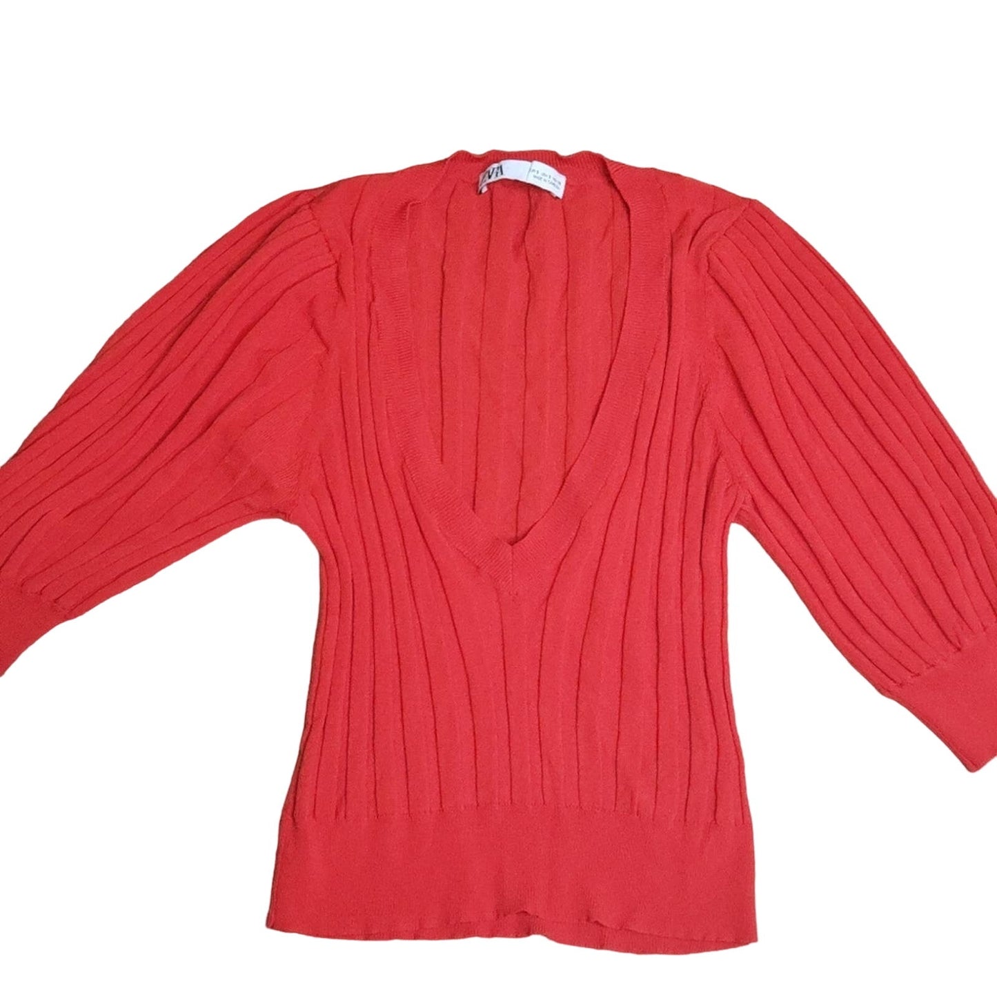 Zara large ribbed ladies size small vibrant red top with deep V-neck