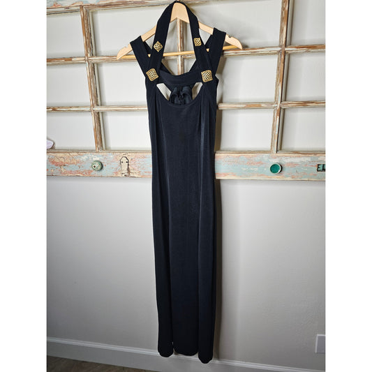 Vintage Strappy 80's Black Midi Slip Dress With Gold Accents Size 6