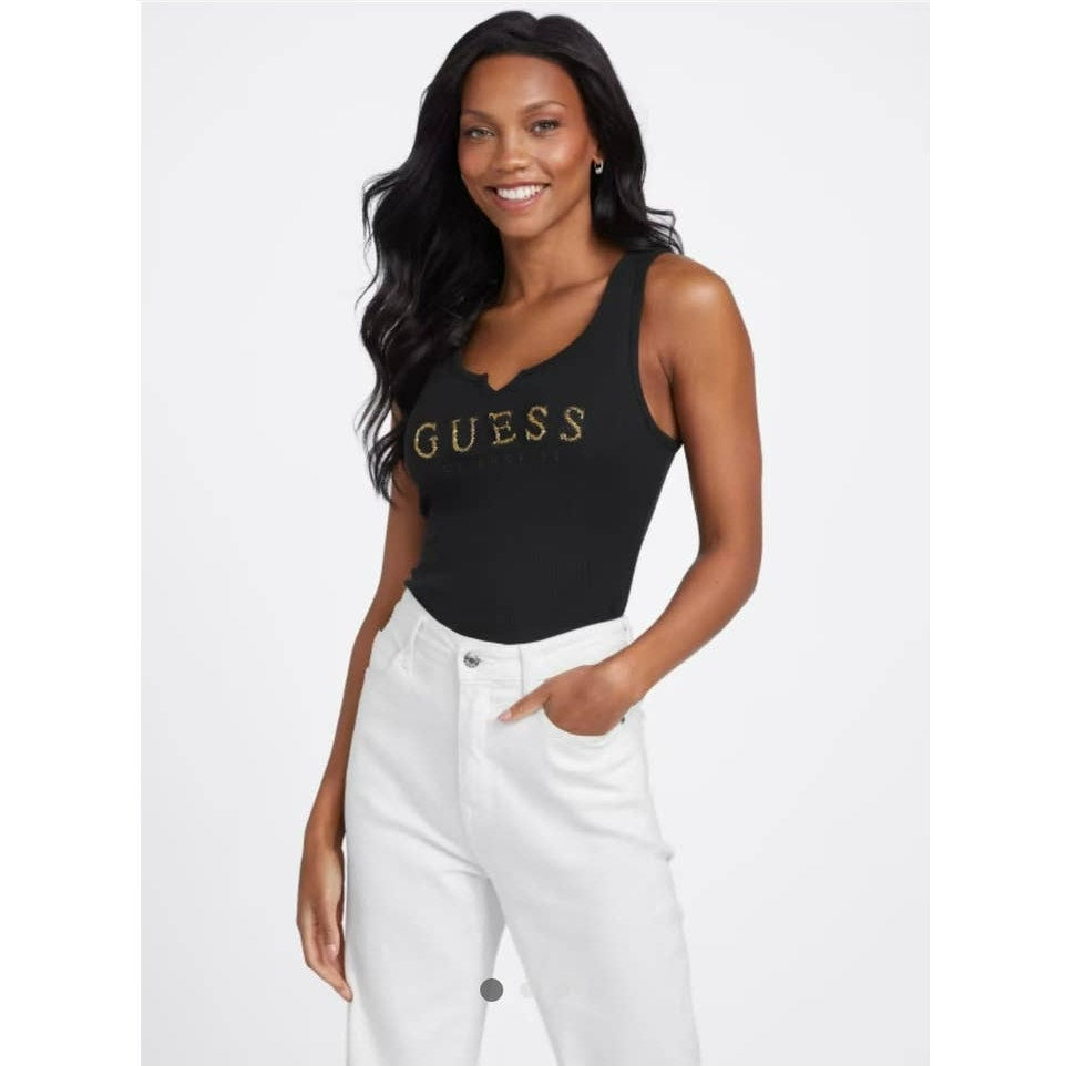 NWT GUESS in gold Logo Black Tank ladies size small