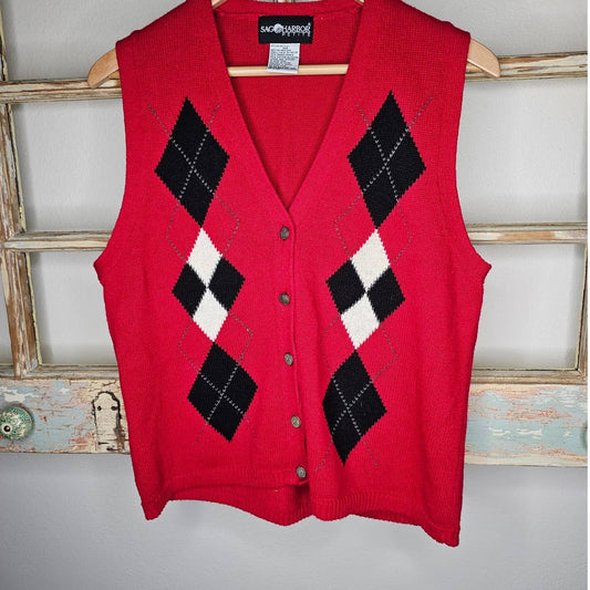 Vintage Sag Harbor Argyle Button Up Vest Size Medium