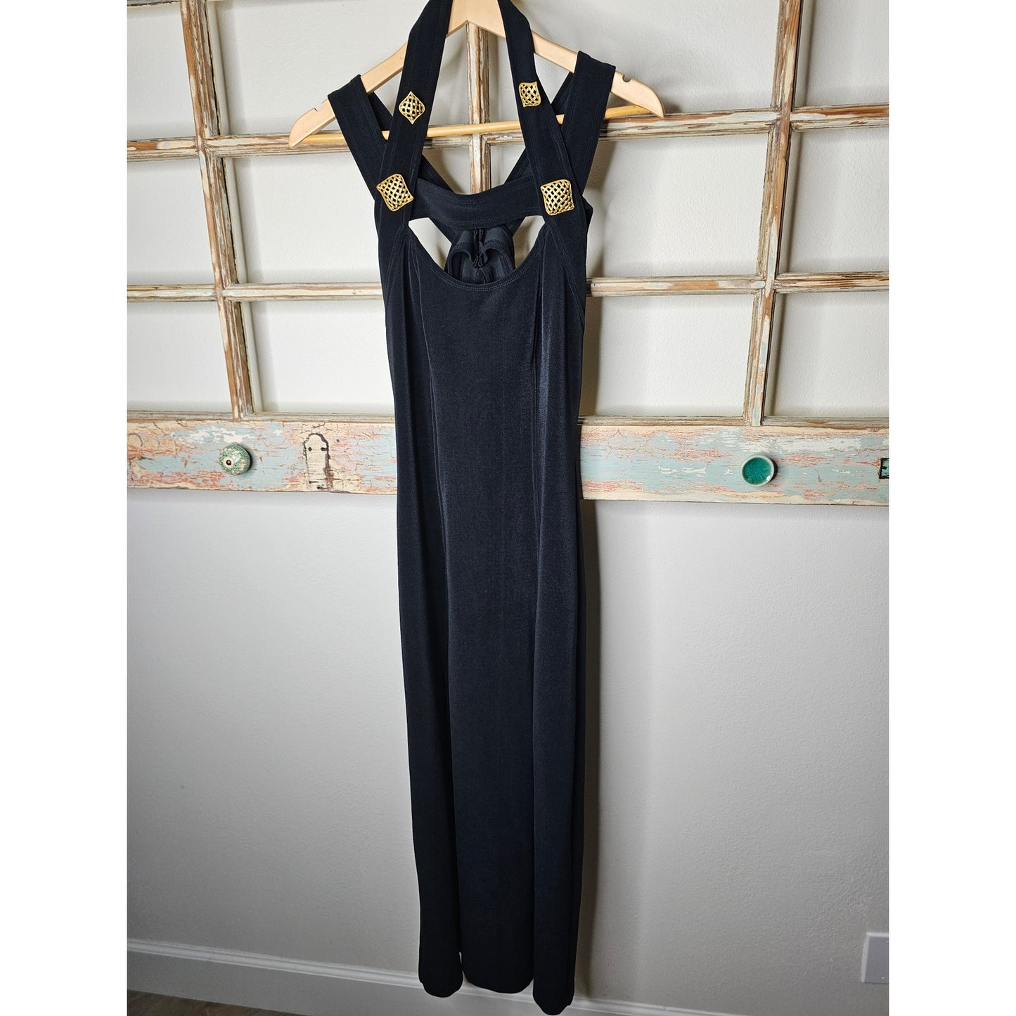 Vintage Strappy 80's Black Midi Slip Dress With Gold Accents Size 6