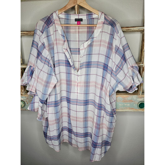 Vince Camuto Plaid ruffle sleeve and 1/2 button lightweight top size 3X