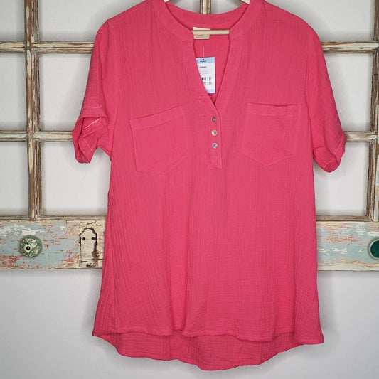 Mote NEW Hot Pink gauzy short sleeve lightweight top size large