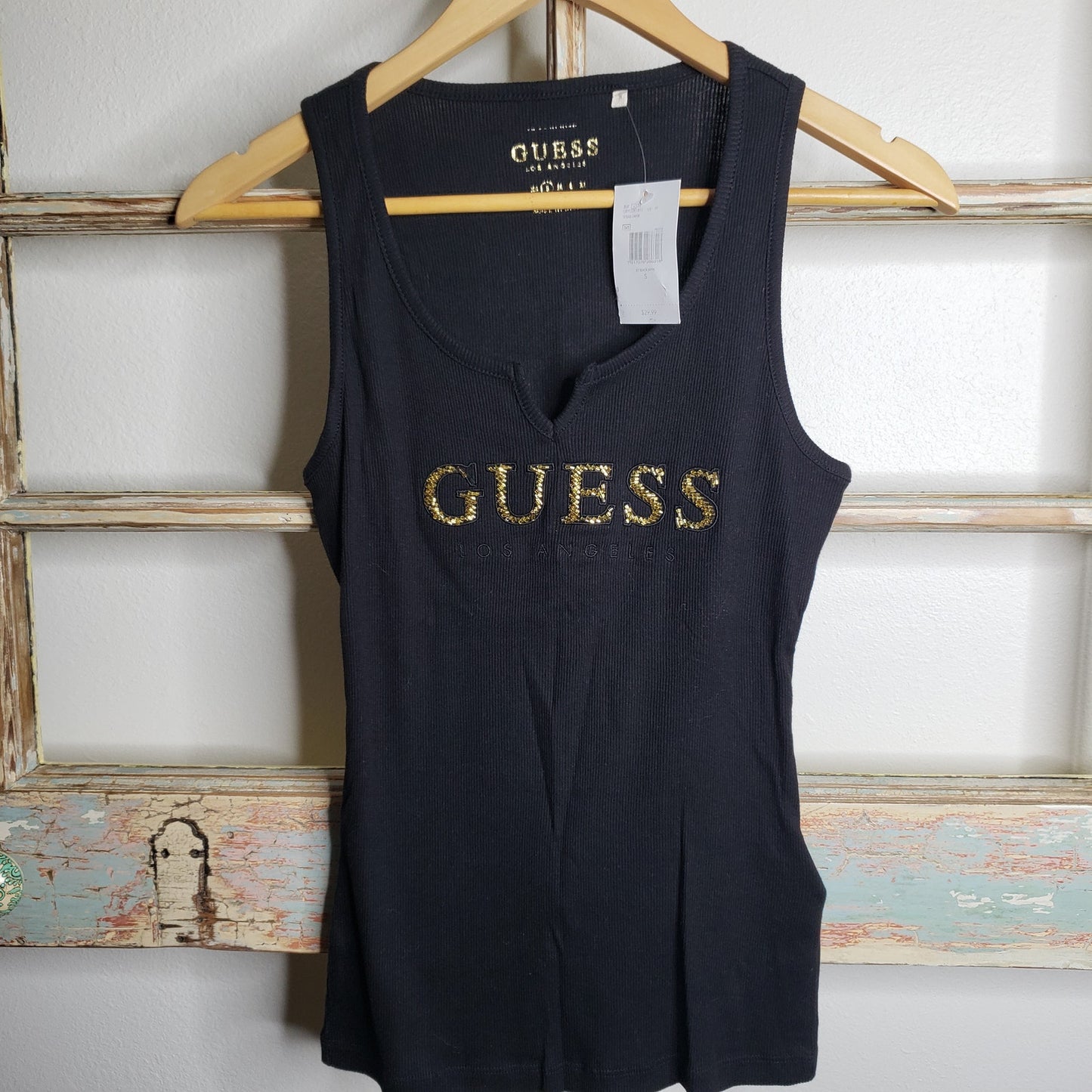 NWT GUESS in gold Logo Black Tank ladies size small