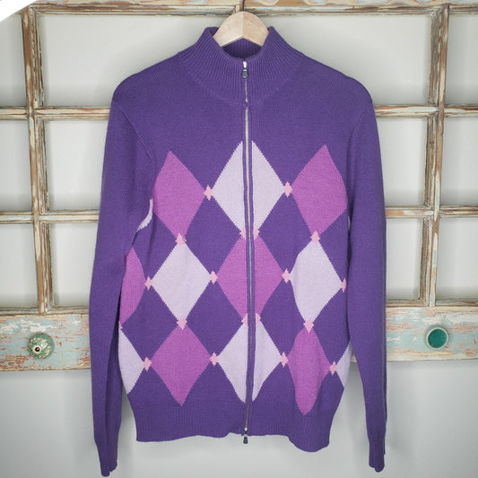 Cashmere Le Camiceria Purple Argyle zip up sweater size medium