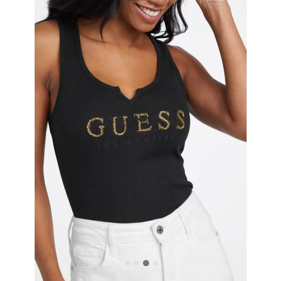 NWT GUESS in gold Logo Black Tank ladies size small