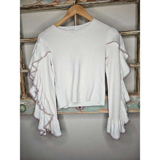 Club Monaco White Cropped Top Long ruffle sleeves Size Small