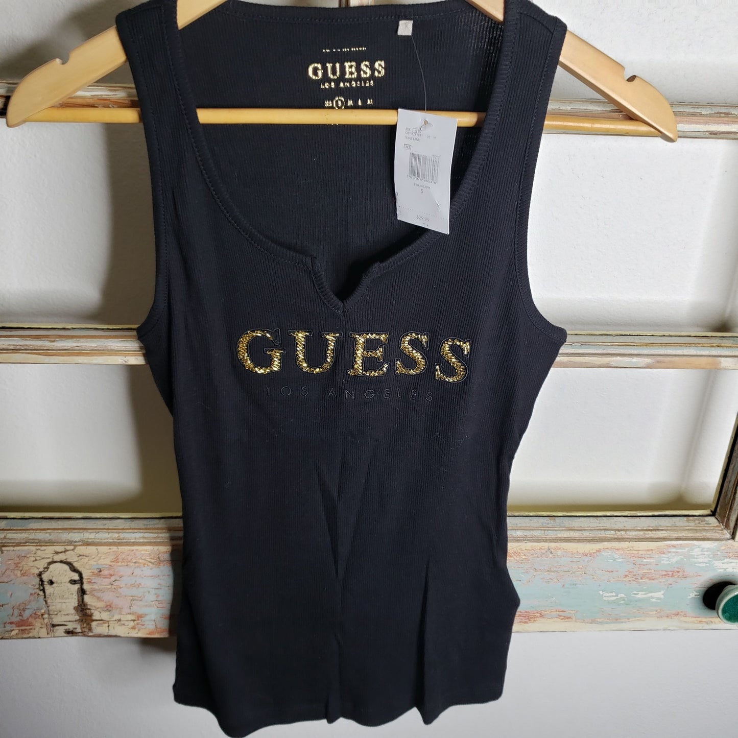 NWT GUESS in gold Logo Black Tank ladies size small